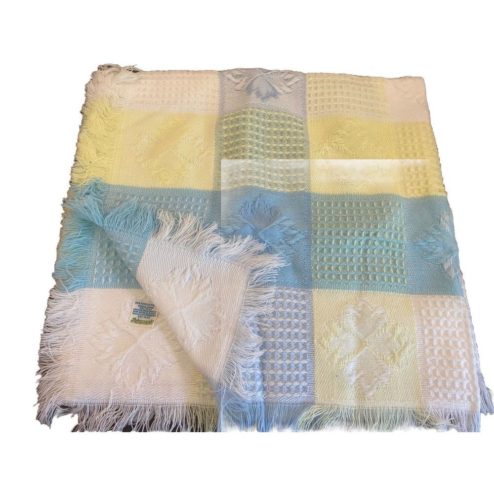 VTG FRIEMANIT Acrylic‎ Boy Baby Blanket Pastel Blue Yellow Squares Fringe Japan